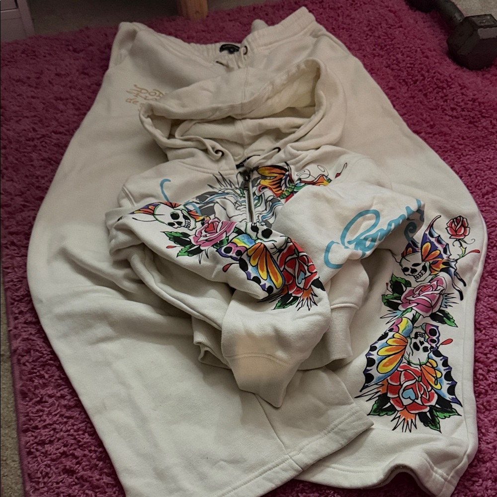 Ed Hardy Ivory Hoodie with Branded Neck Label